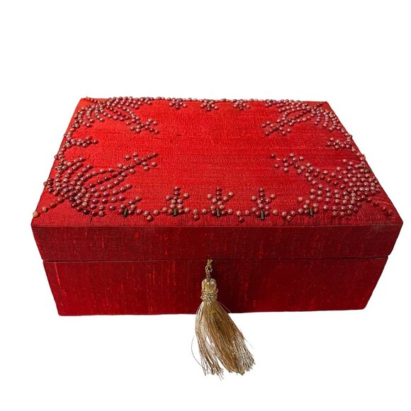 Vintage Elegant Red Fabric Jewelry Box With Bead Embellishments & Tassel 8" x 6" - Picture 5 of 5